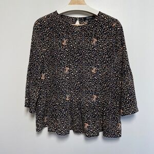 Madewell Silk‎ Paisley Bird Print Peasant Blouse 3/4 Bell Sleeve Top XS Black